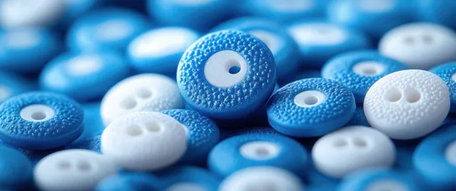 Blue and white buttons scattered on a table with a baseball-inspired layout viewed from above.