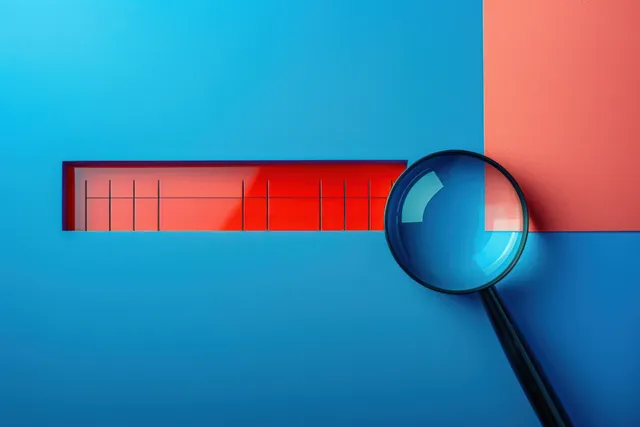 Magnifying glass lens enlarging a red measurement scale on a blue surface against a pink textured background.