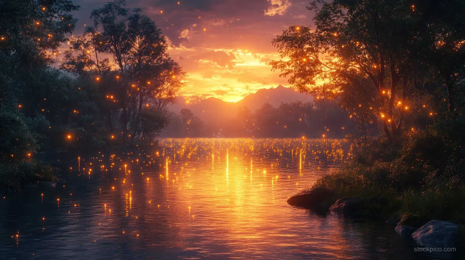 A winding jungle river at dusk glows with bioluminescent lights and foggy reflections.