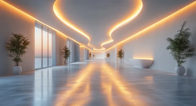 Empty minimalist interior with white walls, glowing ceiling light strips, and a smooth reflective floor.