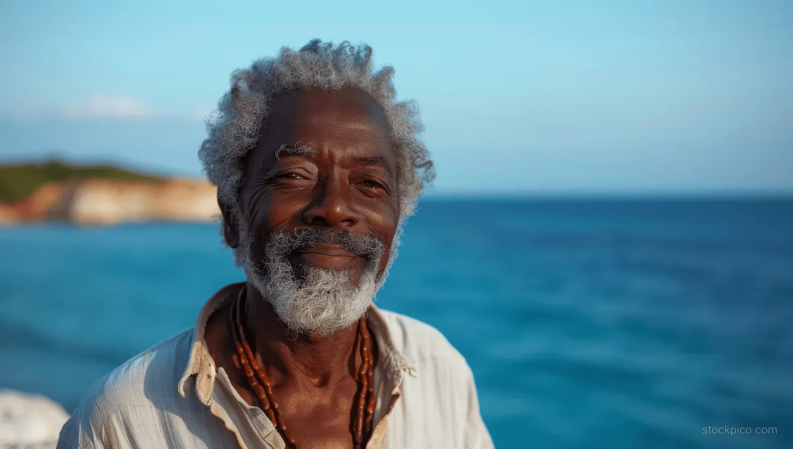 Smiling senior man stands on a sunny beach with ocean waves and blue sky behind him.