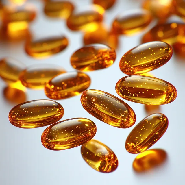 Amber translucent soft gel capsules scattered on a light surface with visible glossy bubbles inside.