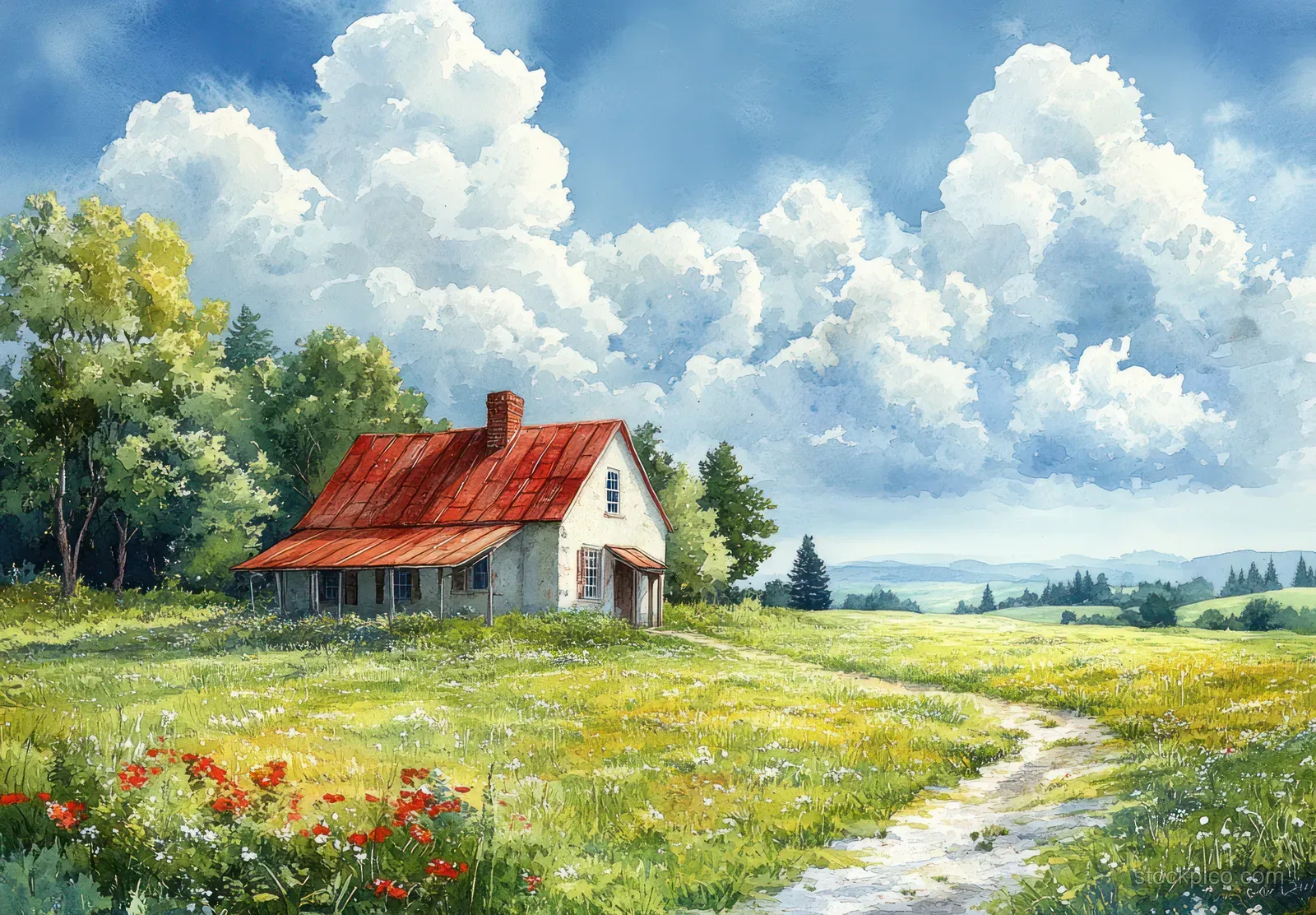 Watercolor view of a red-roof house beside green fields and a winding path beneath cumulus clouds in a blue sky.