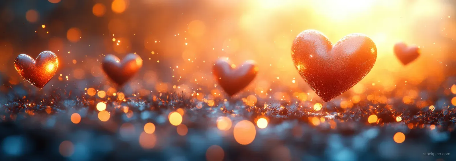 Glowing colorful hearts float through warm golden bokeh light against a dark blurred background.