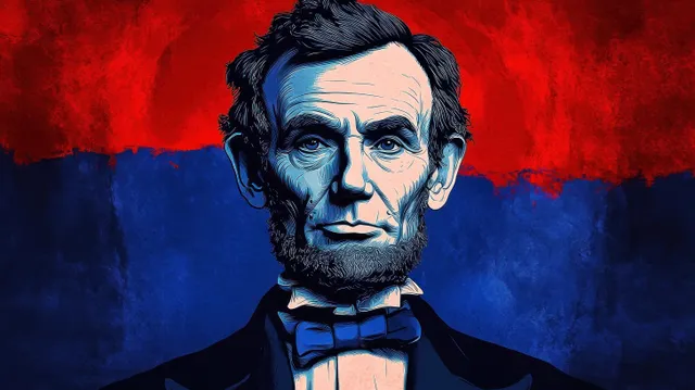 A serious bearded man in a bow tie is shown in a stylized portrait against a textured red and blue background.