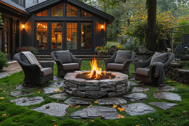 A glowing fire pit in a stone ring with rustic chairs on a lawn at autumn dusk.