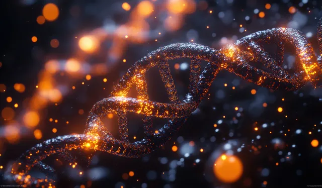A glowing DNA double helix surrounded by floating particles and glossy liquid bubble spheres.