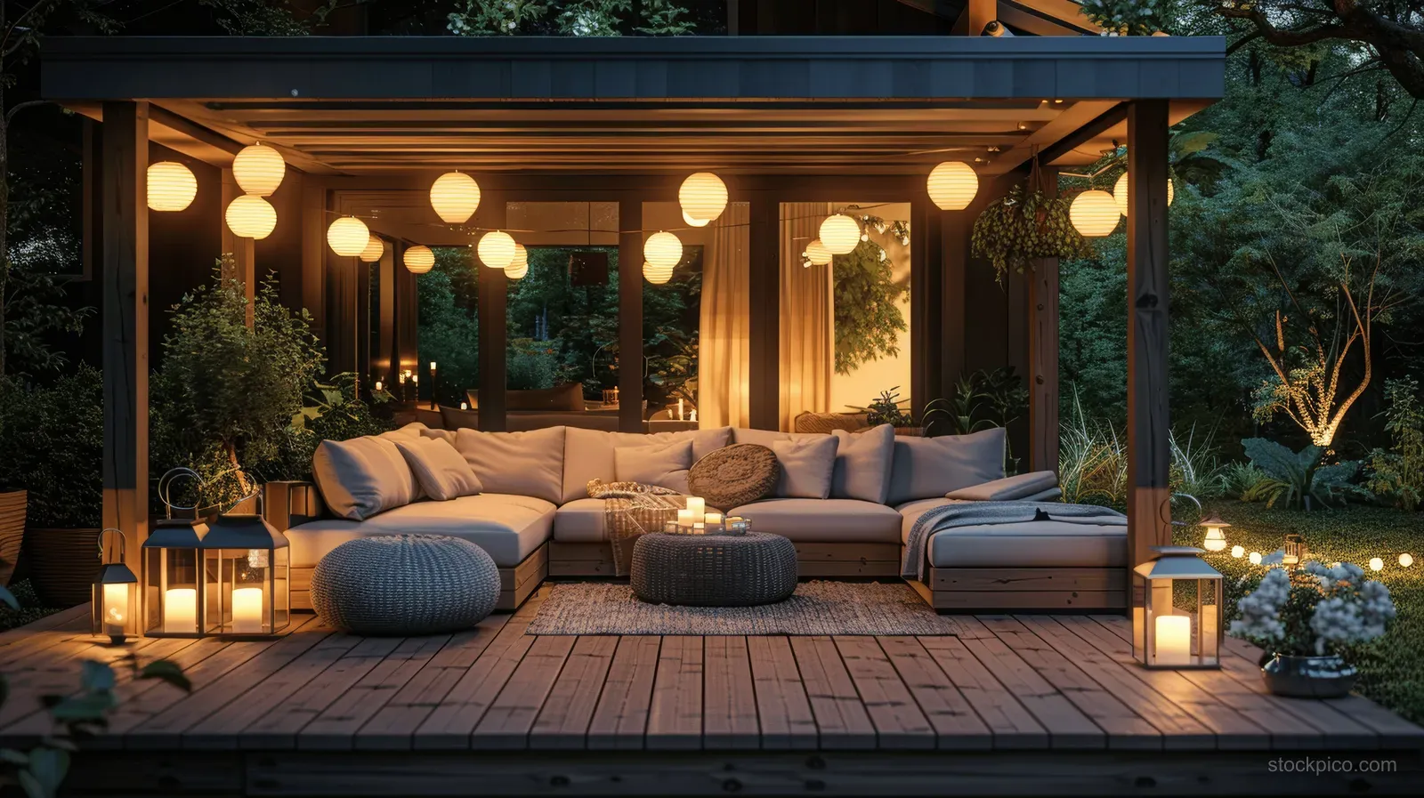 Outdoor terrace at night with sofas and lanterns lit on a wooden deck under hanging string lights.