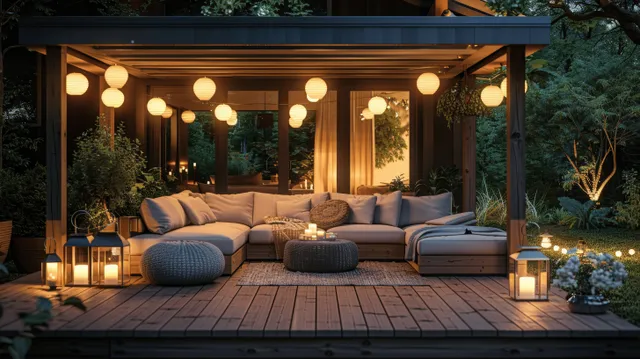 Outdoor terrace at night with sofas and lanterns lit on a wooden deck under hanging string lights.