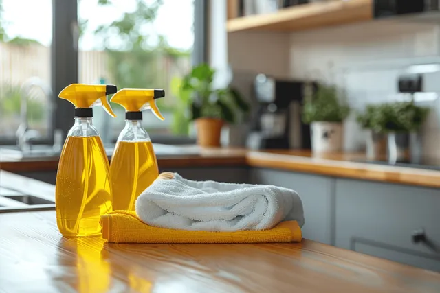 Yellow spray bottles and folded cloth on kitchen table with blurred window light