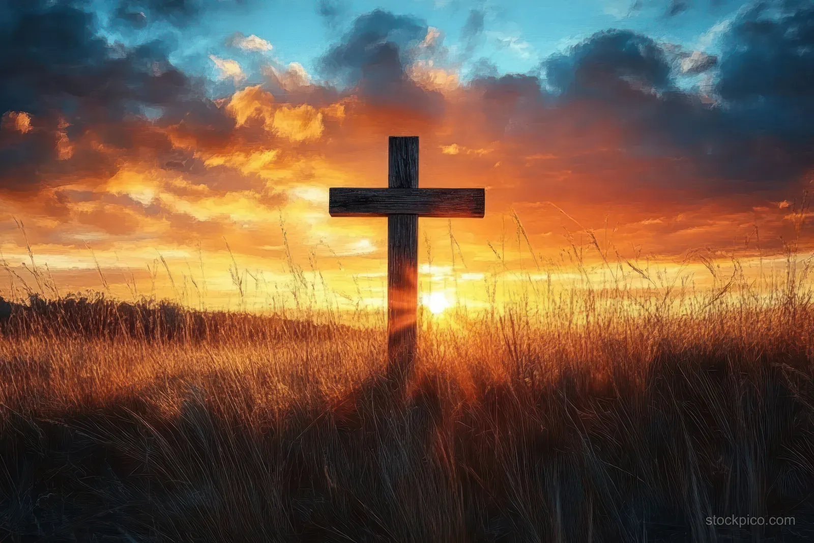 A wooden cross stands in tall grass at sunset with sun rays breaking through dramatic clouds.