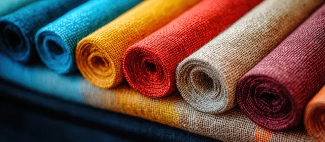 Rolled colorful fabric swatches arranged together, showing detailed woven texture and threads.