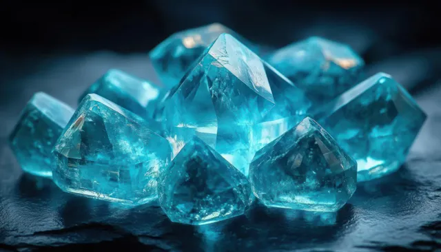 Close-up of glowing blue transparent crystals resting on a dark stone surface with prismatic light reflections.