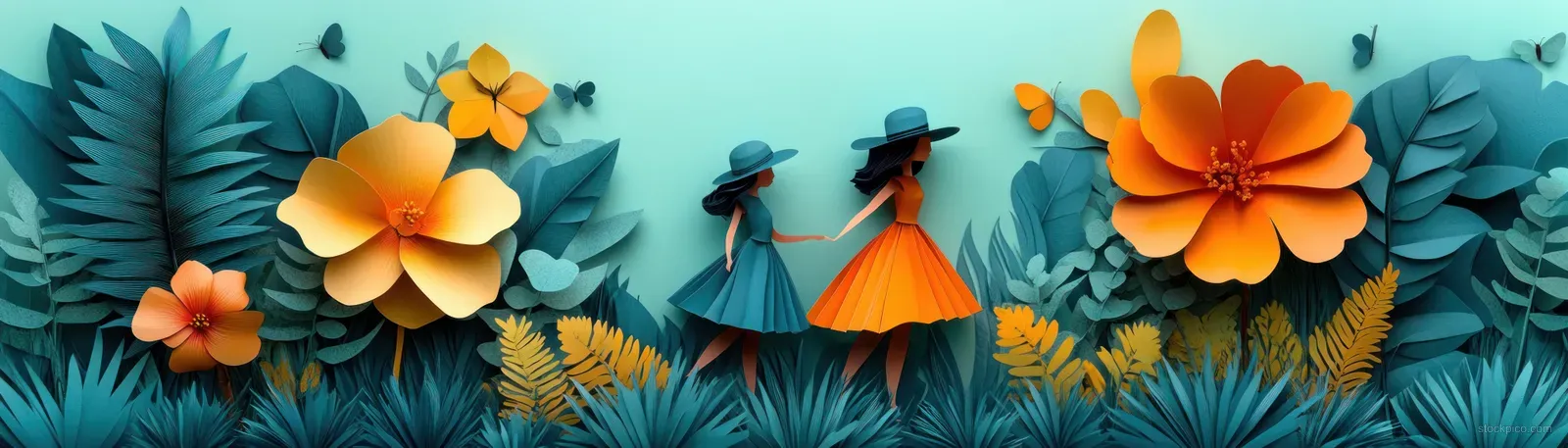 Two paper cut-out girls in dresses walk through a colorful garden of layered flowers, leaves, and butterflies.