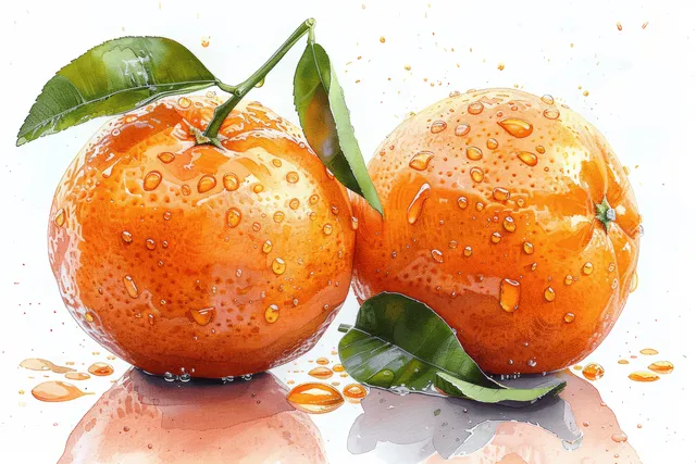 Two watercolor clementines with green leaves and orange juice droplets on a white background.