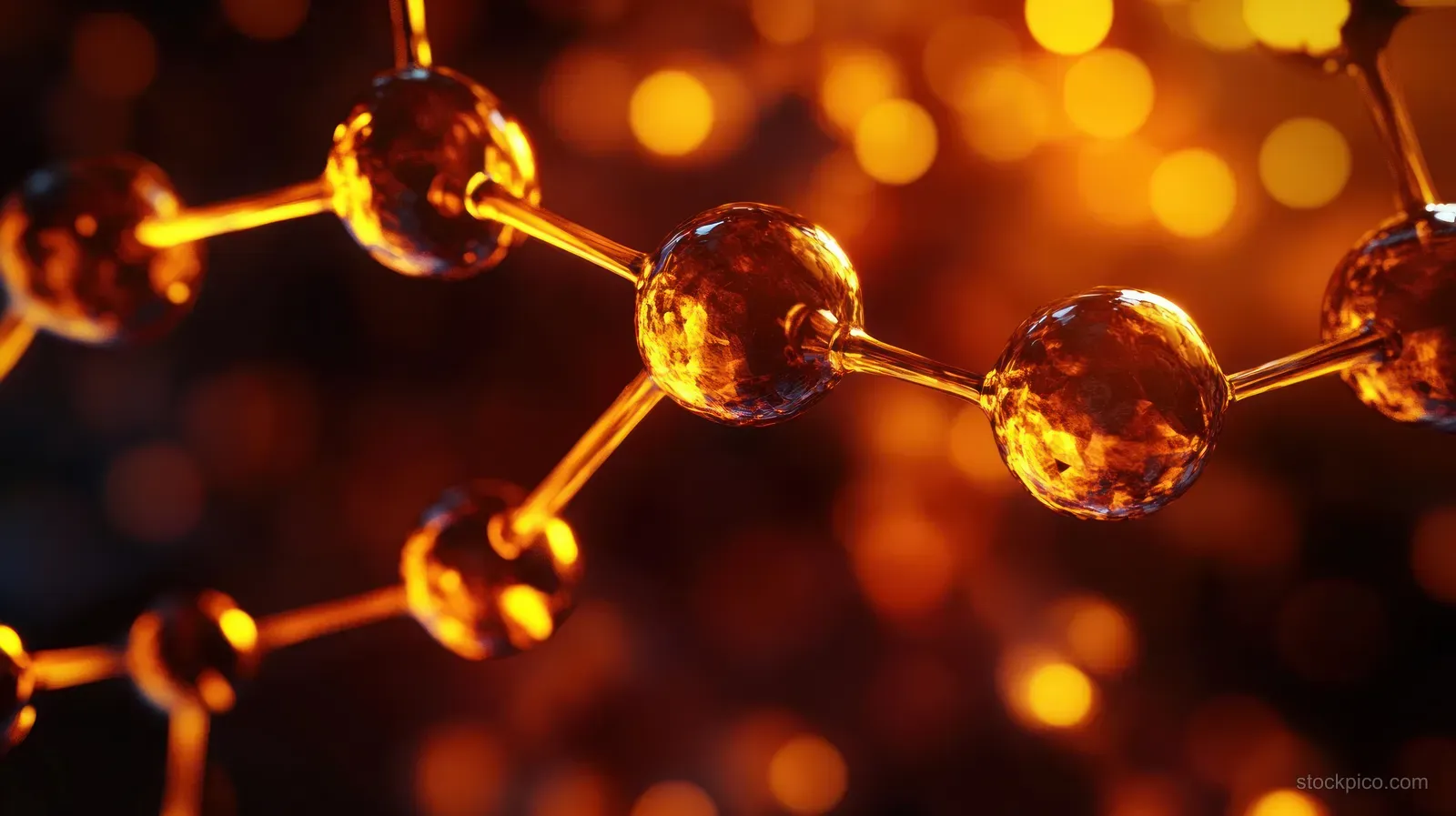 Glowing amber molecular spheres connected by bright bonds against a dark bokeh background.