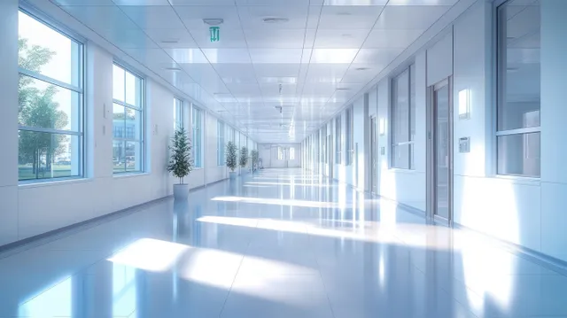Empty office hallway stretches under large windows, with potted plants and daylight reflections on a shiny white floor.