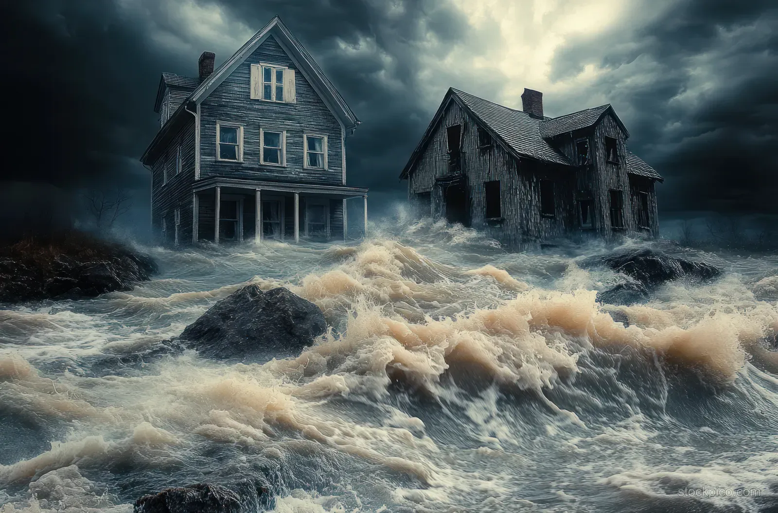 A storm-tossed flood battering two houses, with one remaining standing on rock while the other collapses.