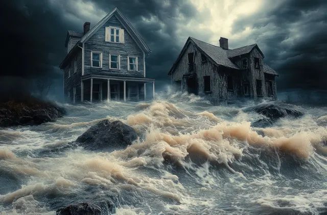 A storm-tossed flood battering two houses, with one remaining standing on rock while the other collapses.