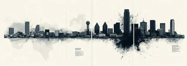 Monochrome panoramic city skyline with dark high-rise silhouettes and ink-splatter texture across the horizon.