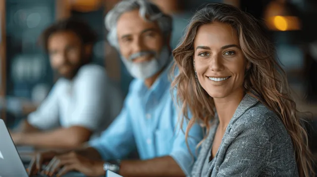 A woman leans toward a laptop while a diverse team brainstorms around her in a modern office meeting.