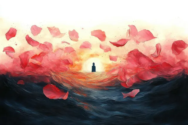 Silhouette meditating on a dark wave sea, glowing sun, and floating red rose petals