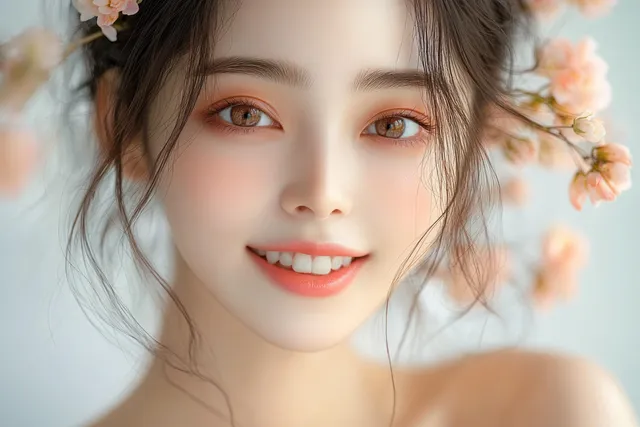 Young woman smiles in close-up with soft makeup and light pink flowers