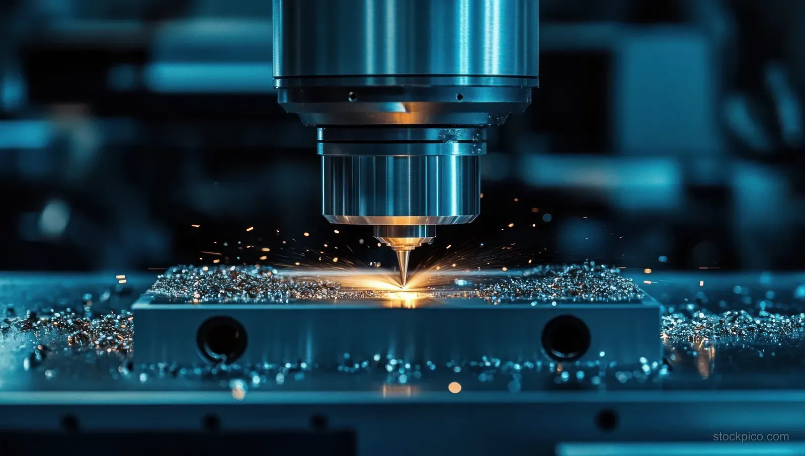 CNC milling spindle cutting a metal workpiece with sparks and scattered chips on the machine bed.