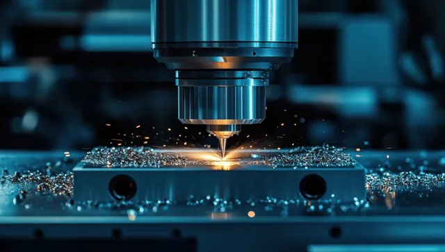CNC milling spindle cutting a metal workpiece with sparks and scattered chips on the machine bed.