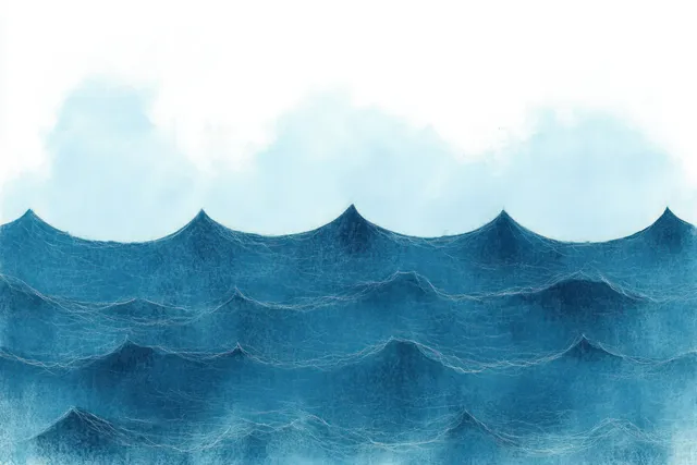 Layered blue abstract waves with textured brush strokes beneath a soft cloudy sky gradient.