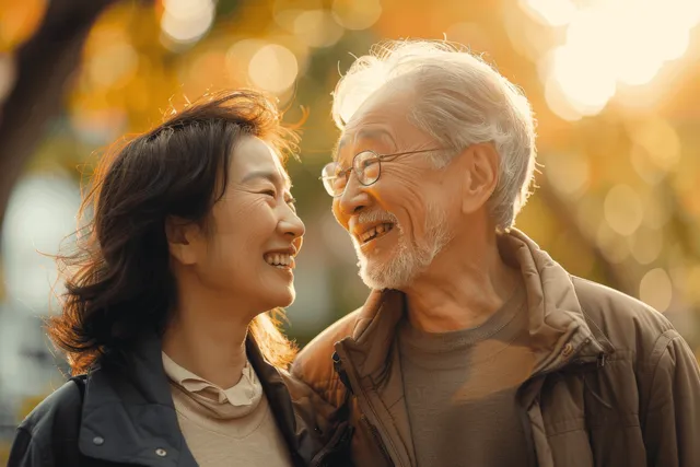 Elderly Asian couple smiling together in autumn sunlight at a park