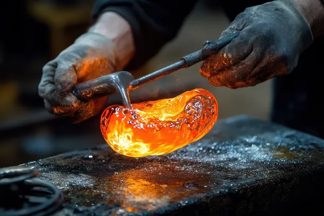 Gloved hands shape glowing orange molten glass with metal tools on a dark glassblowing workbench.