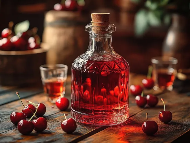 Glass decanter of red liqueur with fresh cherries and shot glasses on a rustic wooden table under warm light.