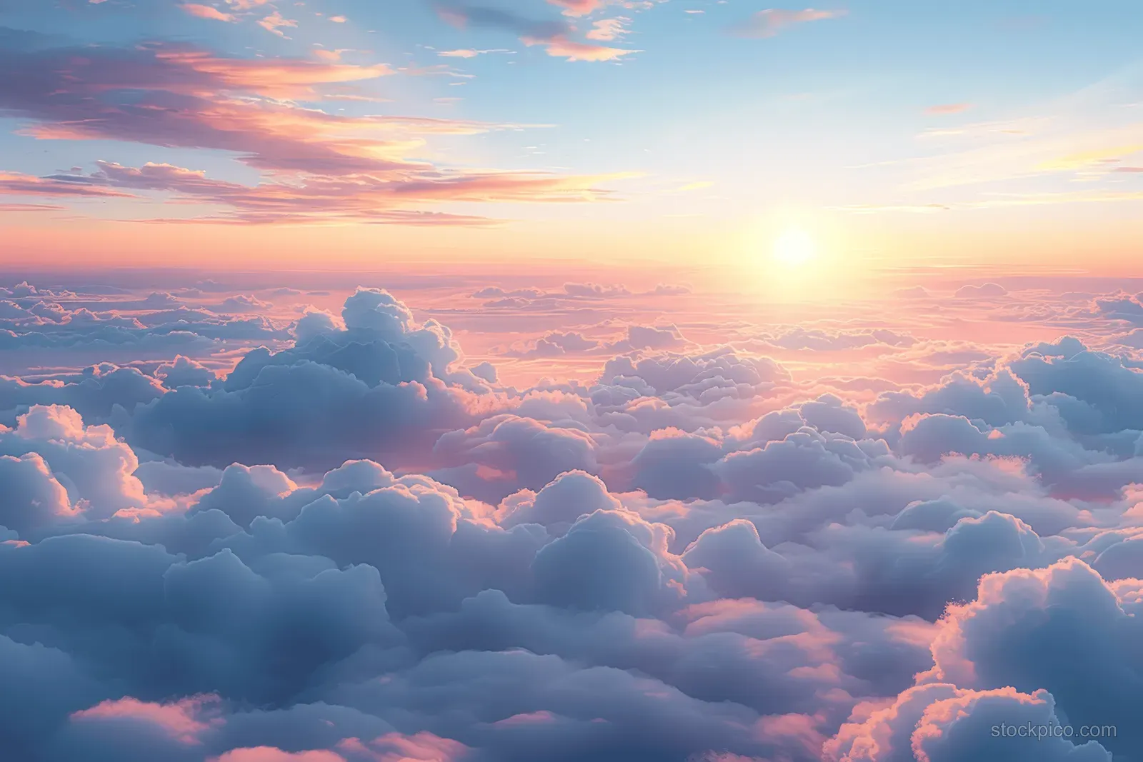 Sunrise shines above fluffy clouds with pink-orange and blue sky tones.