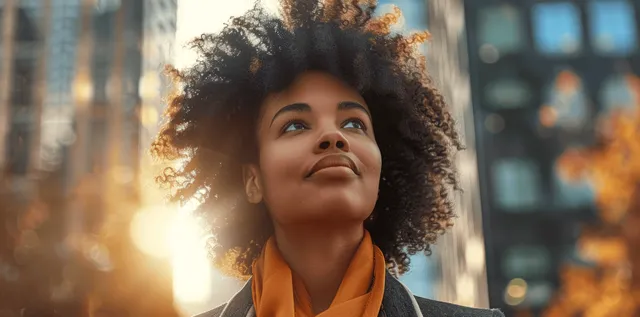 Mujer joven de cabello rizado mira hacia arriba bajo la cálida luz del sol en la ciudad, con un destello dorado de lente.