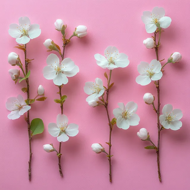 Cherry blossom branches with white flowers, unopened buds, and green leaves arranged on a pink background.