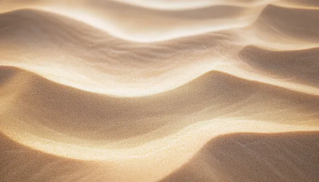 Sunlit close-up of desert sand dunes with flowing ridges, fine grain texture, and soft shadows.