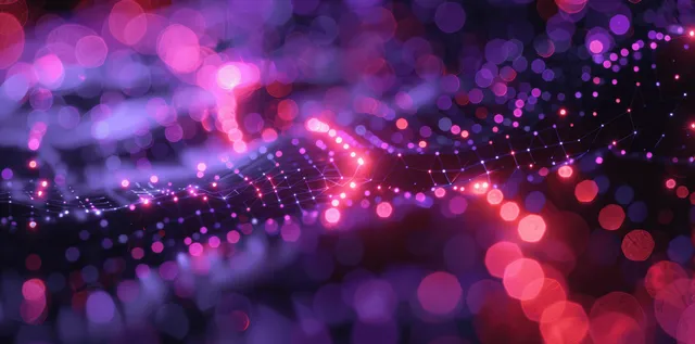 Glowing linked network dots and lines with pink-red bokeh lights over a neon purple blurred background.