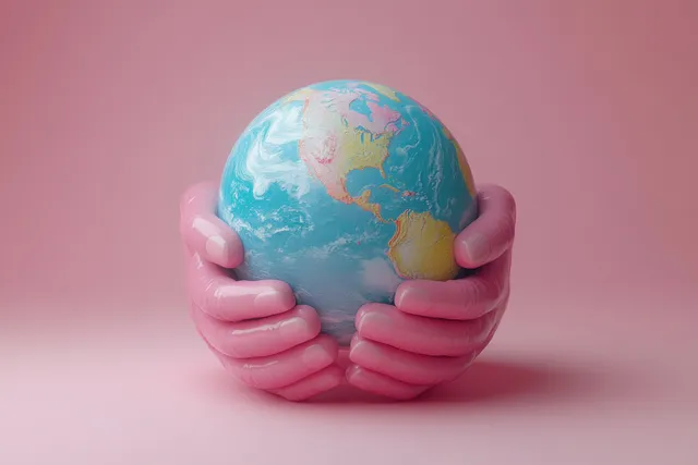 A 3D Earth globe is cradled by pastel cartoon hands against a soft pink background.