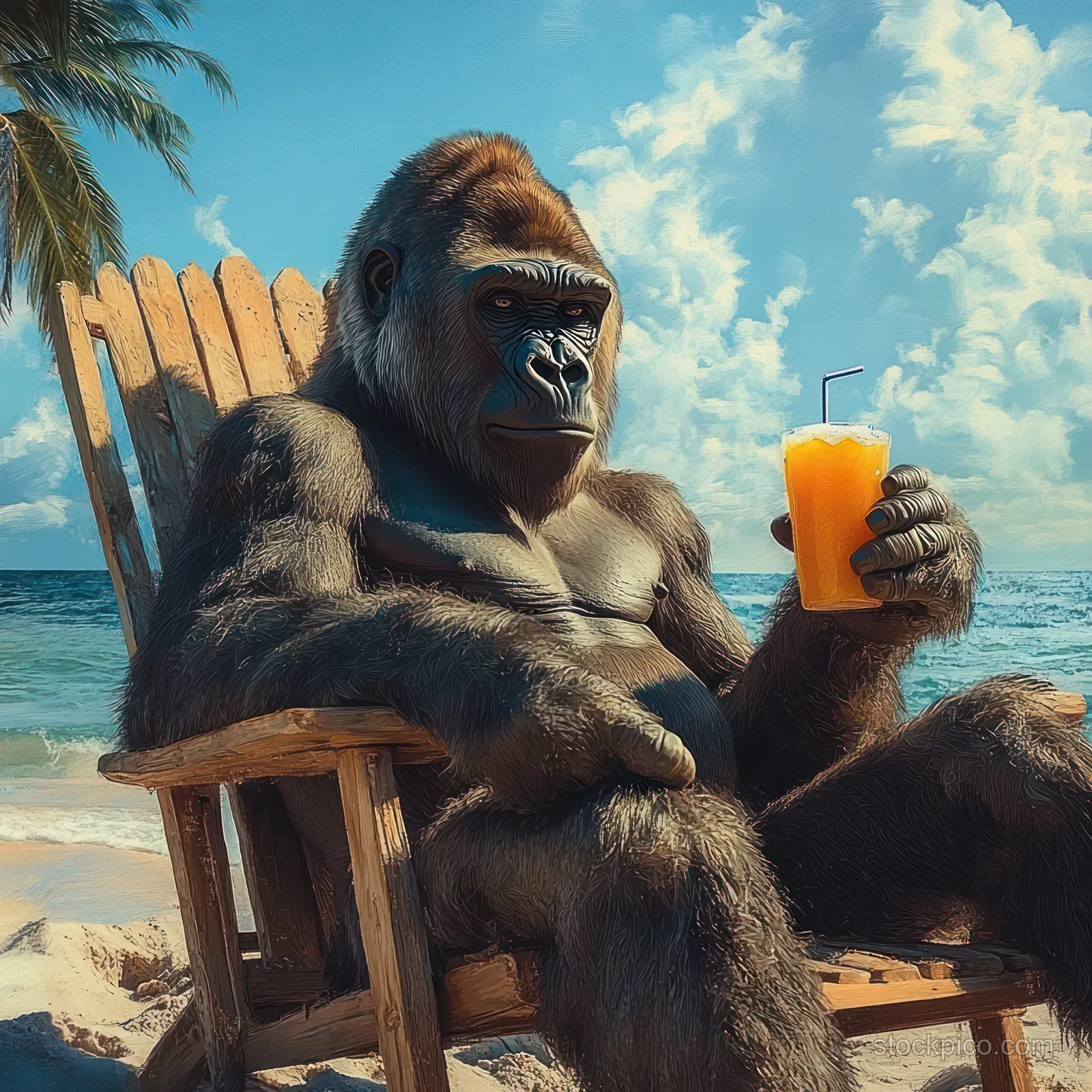 A gorilla lounges on a wooden beach chair on the sand, sipping orange juice with the ocean behind it under blue sky.