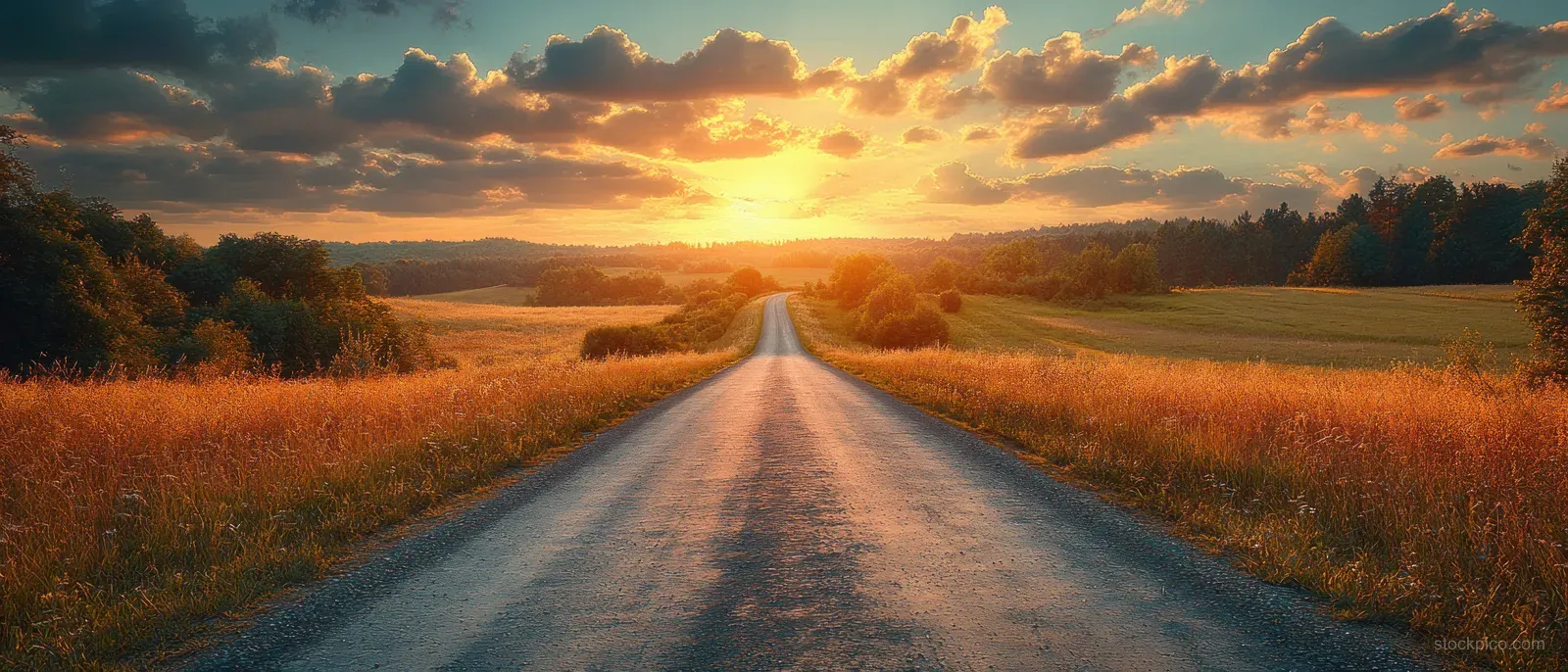 Smiling young woman driving a car on a countryside road at golden hour with glowing sunlight in the sky.
