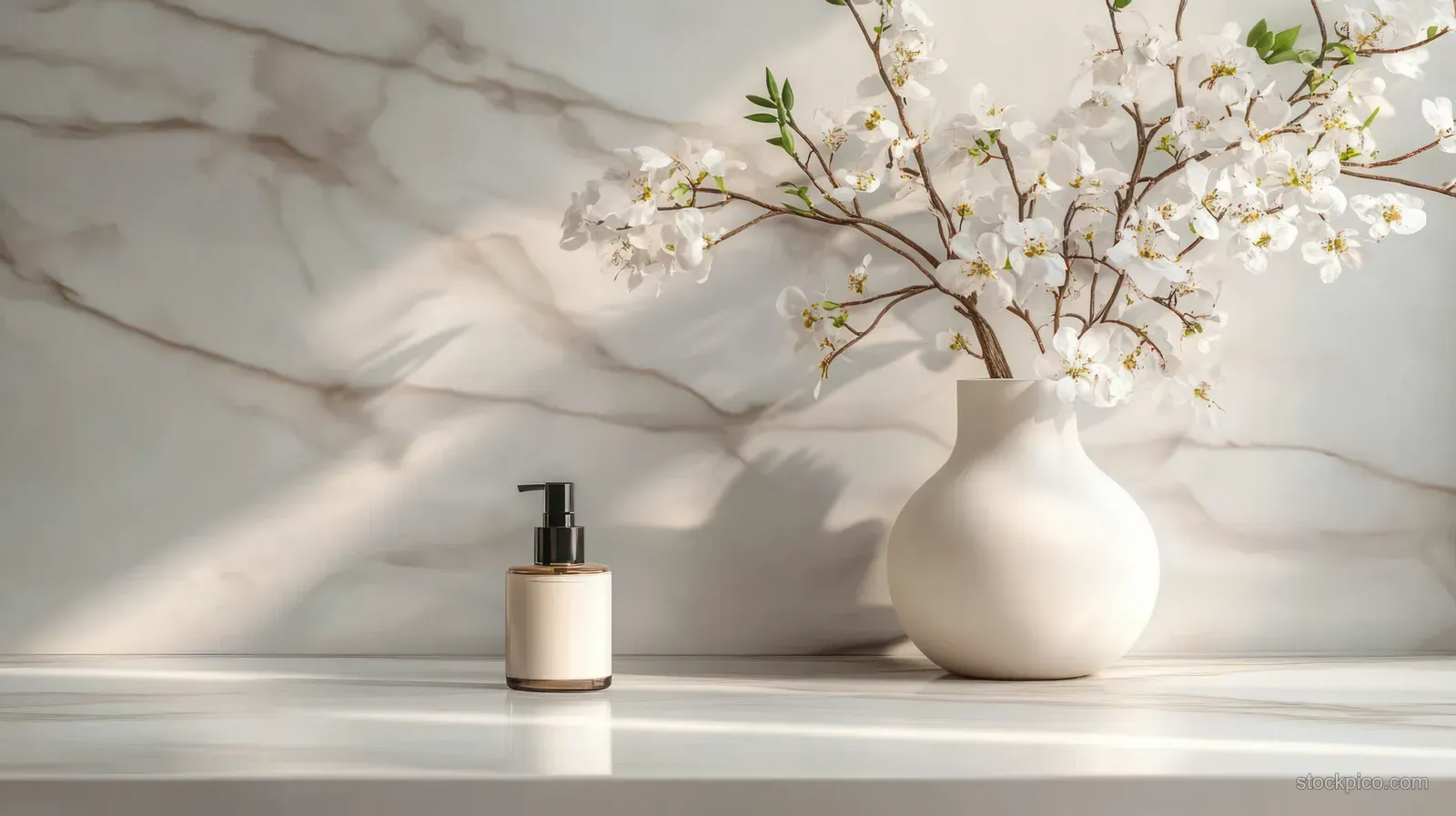 A white vase with small flowers and a lotion bottle rest on a marble countertop under soft light.