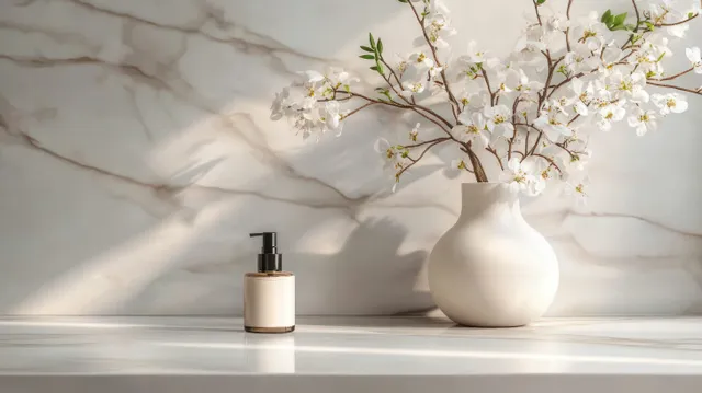 A white vase with small flowers and a lotion bottle rest on a marble countertop under soft light.