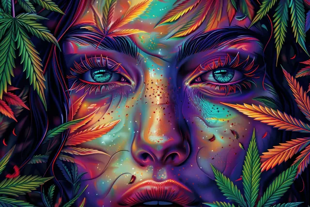 一幅迷幻风格女性肖像，发光的大麻叶环绕其面庞，黑暗的树干传送门中隐约可见龙的轮廓。