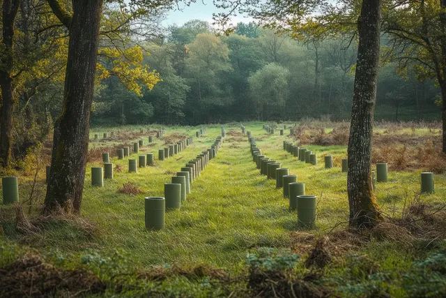 Green plastic tree guards line a grassy woodland path with misty tall trees in the background.