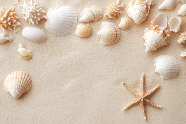 Seashell and starfish scattered on sandy beach background with natural beige texture