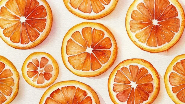 Watercolor orange citrus slices arranged in a pattern on a white background.