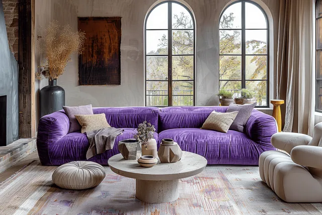 Violet sofa and beige velvet armchairs sit in a bright farmhouse living room beside arched windows and a round coffee table.