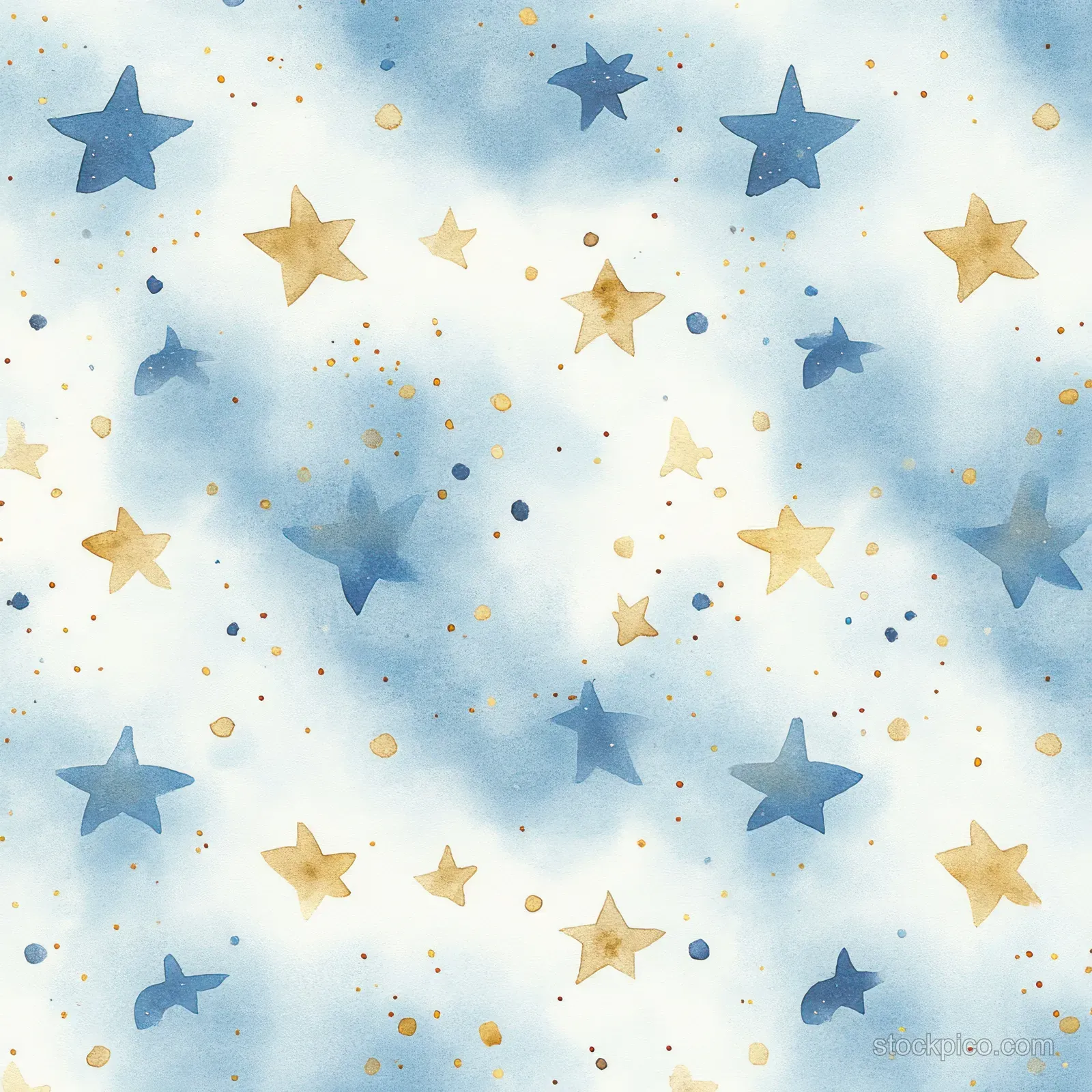 Seamless watercolor pattern of blue and gold stars and dots with sleeping cartoon animals across cloudy background.