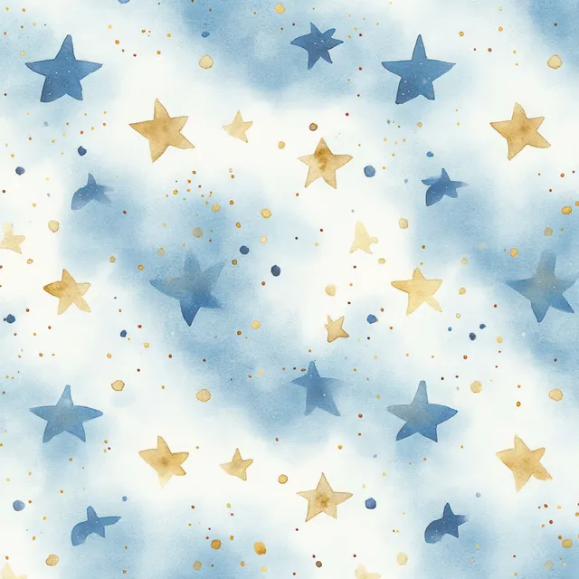 Seamless watercolor pattern of blue and gold stars and dots with sleeping cartoon animals across cloudy background.